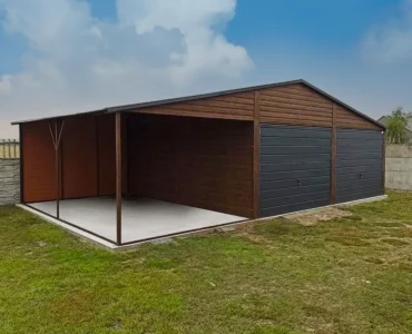 Dvojgaráž 6×5 m s Přístřeškom 3 m Štítová střecha Dekor dřeva