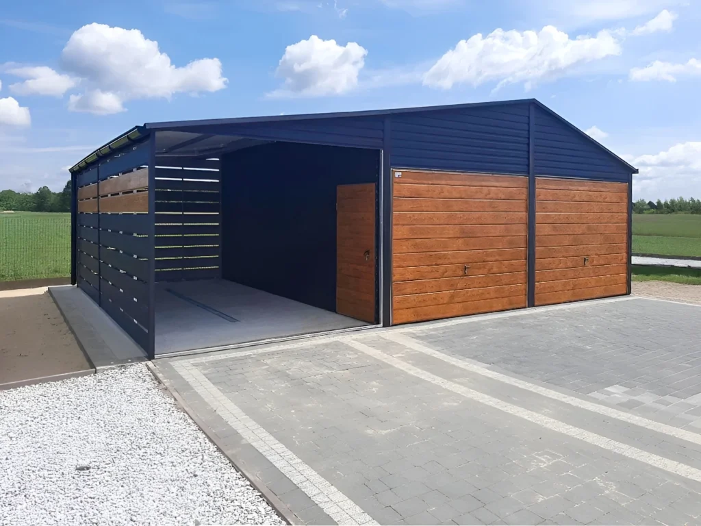 Plechové garáže Jindřichův Hradec – dvoumístné s přístřeškem